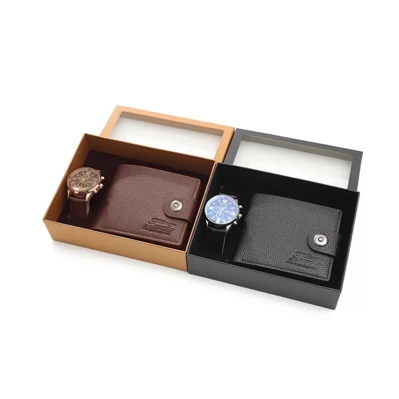 Herreure quartz armbåndsur med foldespænde læder pung sæt til mænd kæreste far fars dag