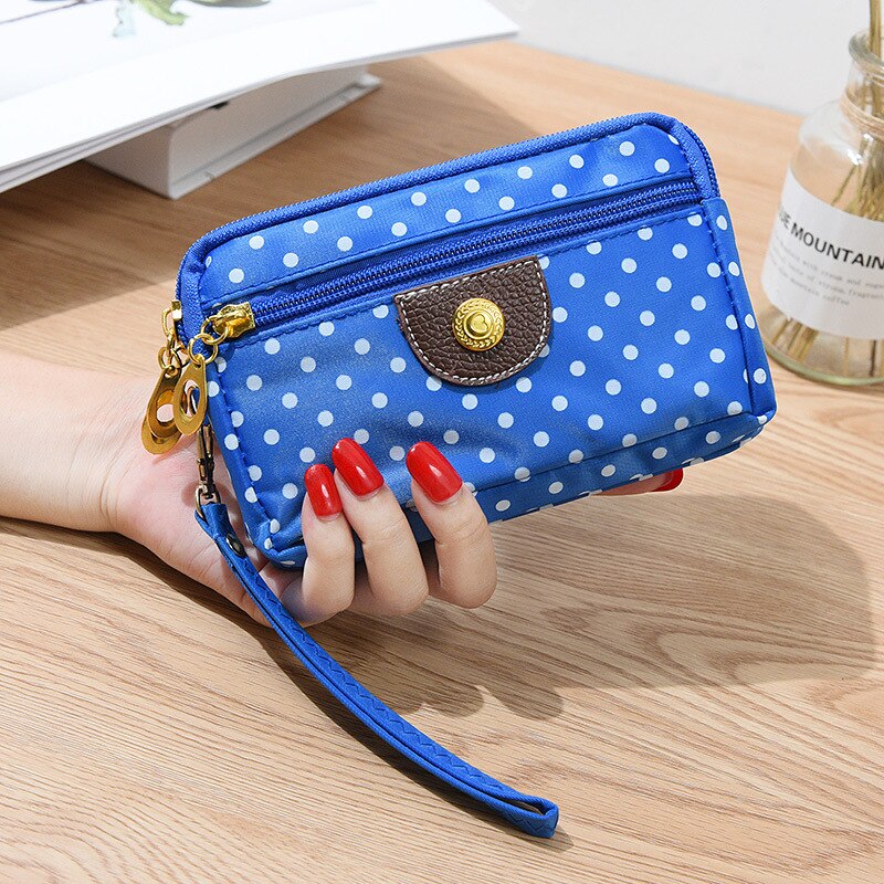 Women Wallet Cute Dot Canvas Three Zipper Multi-layer Fabric Mobile Phone Bag Female Clutch Pouch: Navy Blue