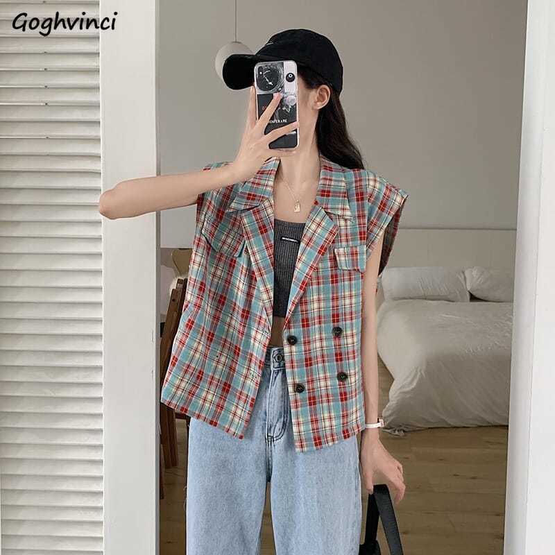 Vesten dames geruite losse inkepingen dubbelrijs chic studenten zomerjassen mouwloos all-match streetwear dames