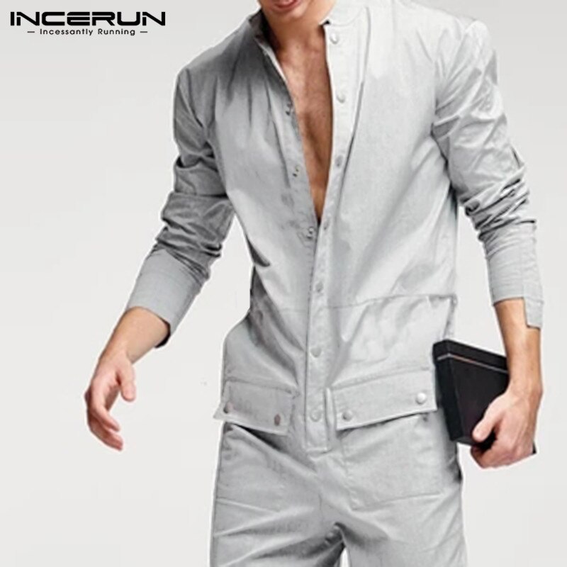 Incerun herre jumpsuits stander krave langærmede cargo smækbukser casual knap streetwear romper herre seler plus str. 7
