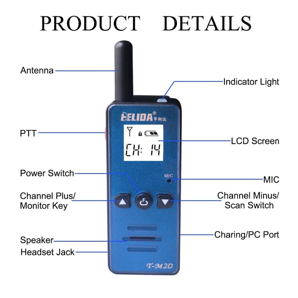 1 unidad, HELIDA T-M2D, 2W, Super Mini Radio bidireccional FRS GMRS UHF 400-520MHz, Mini WALKIE TALKIE