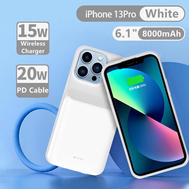 Power Bank Cover For iPhone 13 Pro Max 13 Pro 13 min Wireless Charging Battery Charger Cases 8000mAh Backup Powerbank Cases: 13 Pro  White