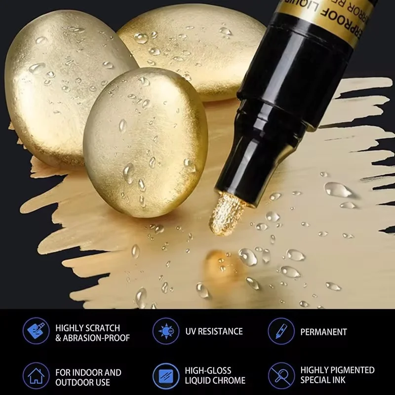 1/2/3PC Chrome Verf Marker Reflecterende Vloeistof Spiegel Verf Pennen Gouden Zilverachtige Inkt 1mm Schrijven Tip Voor Model Metaal Hout Plastic