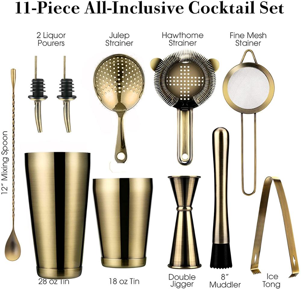 11-Piece Cocktail Shaker Bar Set: Weighted Boston Shakers,Cocktail Strainer Set,Jigger, Cocktail Muddler,Spoon, Ice Tong,Pourers: Default Title