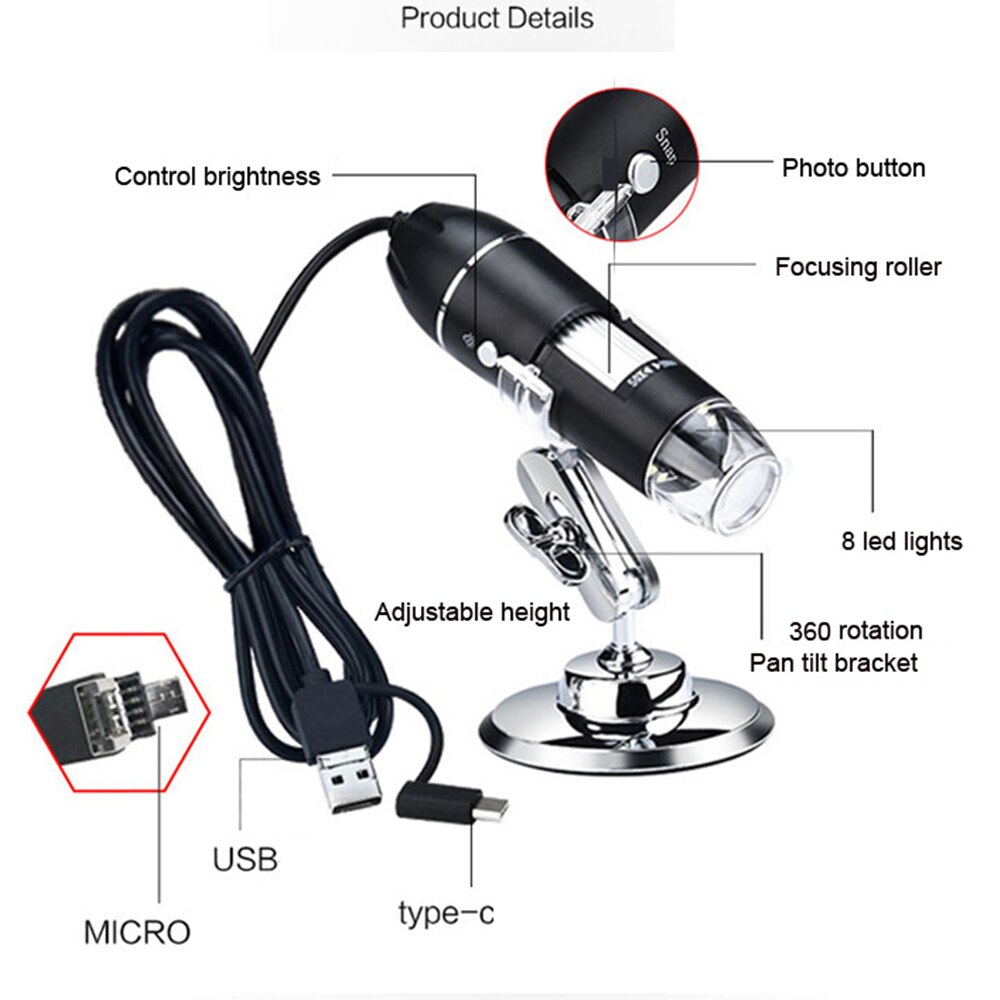 1600X USB Digital Microscope Electronic Microscope Camera Endoscope 8 LED Magnifier Adjustable Magnification with Stand For PC