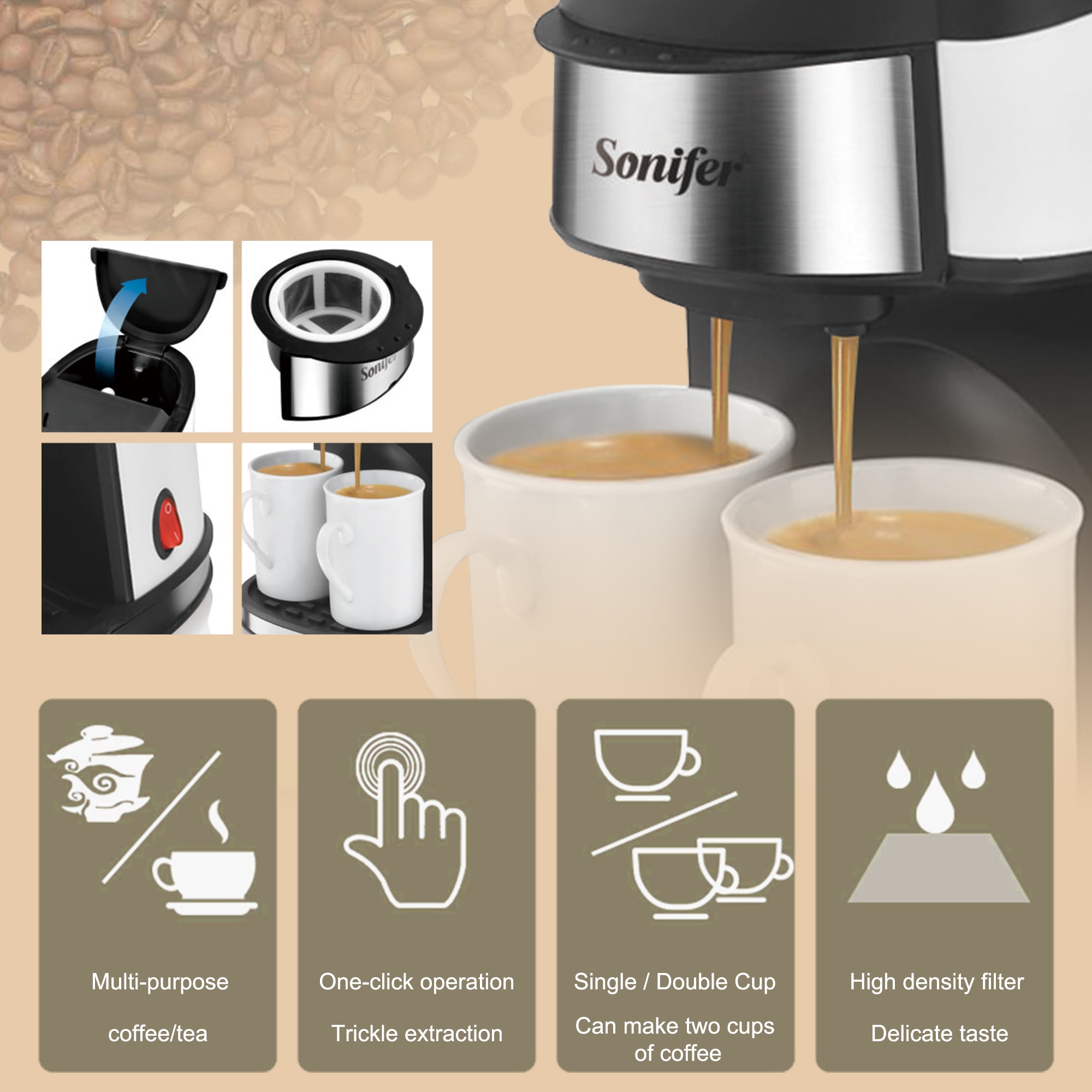 Sonifer – Machine à café domestique amovible et lavable, 220V, Machine à café goutte à goutte, pour le thé et le lait, pour
