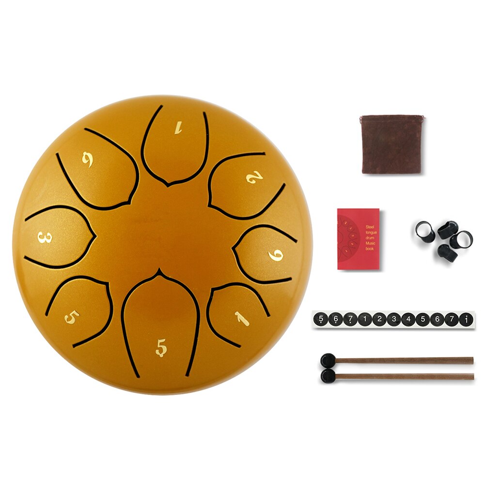 Tongue Drum 6 Inch Steel Tongue Drum Set 8 Tune Hand Pan Drum Pad Tank Sticks Carrying Bag Percussion Instruments Accessories: Red Gold