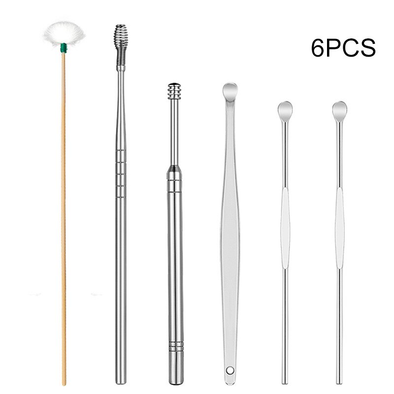 Oor Cleaner Kits Rvs Earpick Wax Remover Curette Veer Oor Pick Oor Schoner Lepel Spiraal Oor Schoon Tool S: 6pcs Silver