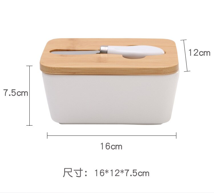 Ceramic Butter Container Set, Rectangle Butter Sealed Can + Wood Lid + Cutter + Silicone Loop(Pure White/Letter)