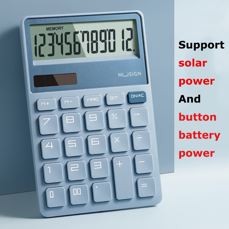 Nusige – calculatrice solaire pour bureau, affichage à 12 chiffres, double alimentation, écran large, bouton de , léger et fin: Bleu