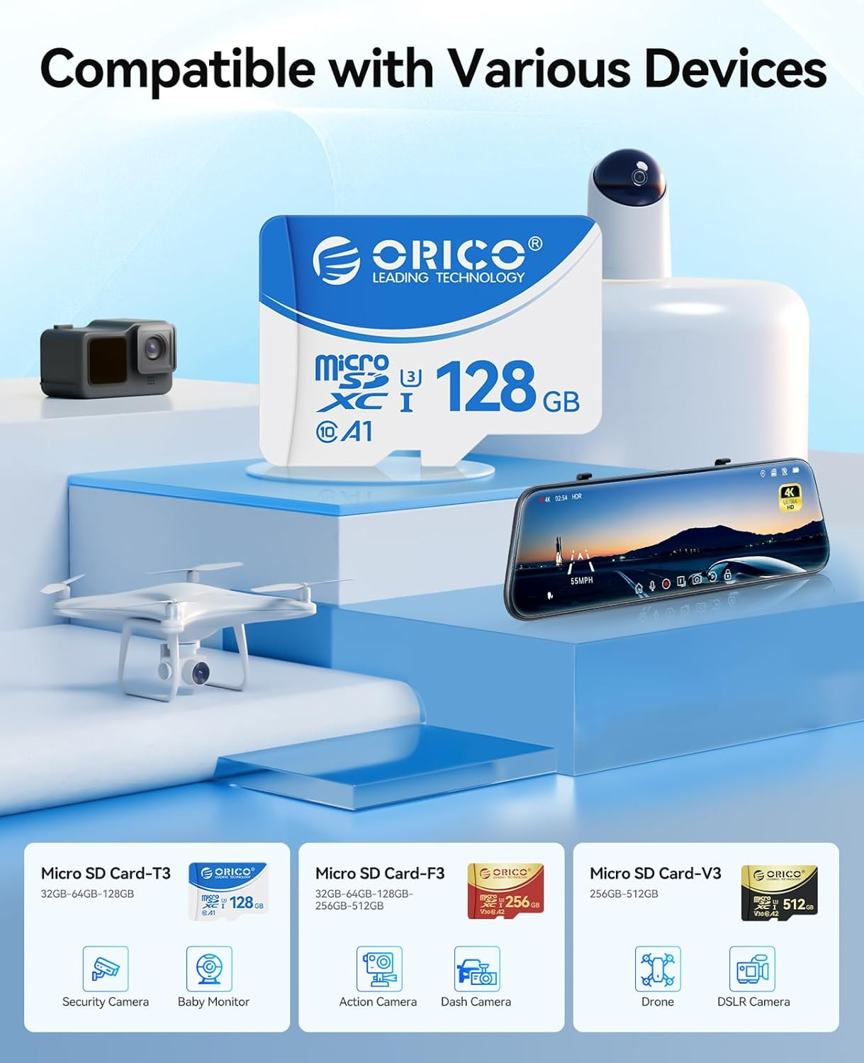 ORICO T3 128GB microSDXC UHS-I Memory Card, 70MB/s Read, 60MB/s, 4K UHD Recoding, U3, Class10, V30, A1, Micro SD for Camera