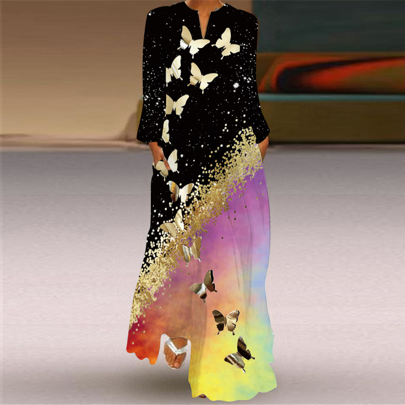 Robe transfrontalière européenne et américaine pour femmes, col en v, manches longues, Sexy, imprimée, grande poche, commerce extérieur, 2024: L / Couleurs mélangées