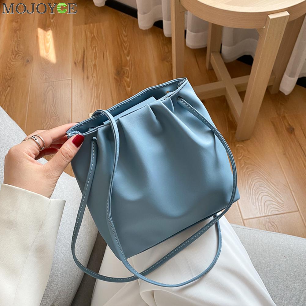 Geplooide schoudertassen dames pu leer eenvoudige emmer messenger pouch klassieke crossbody schoudertas