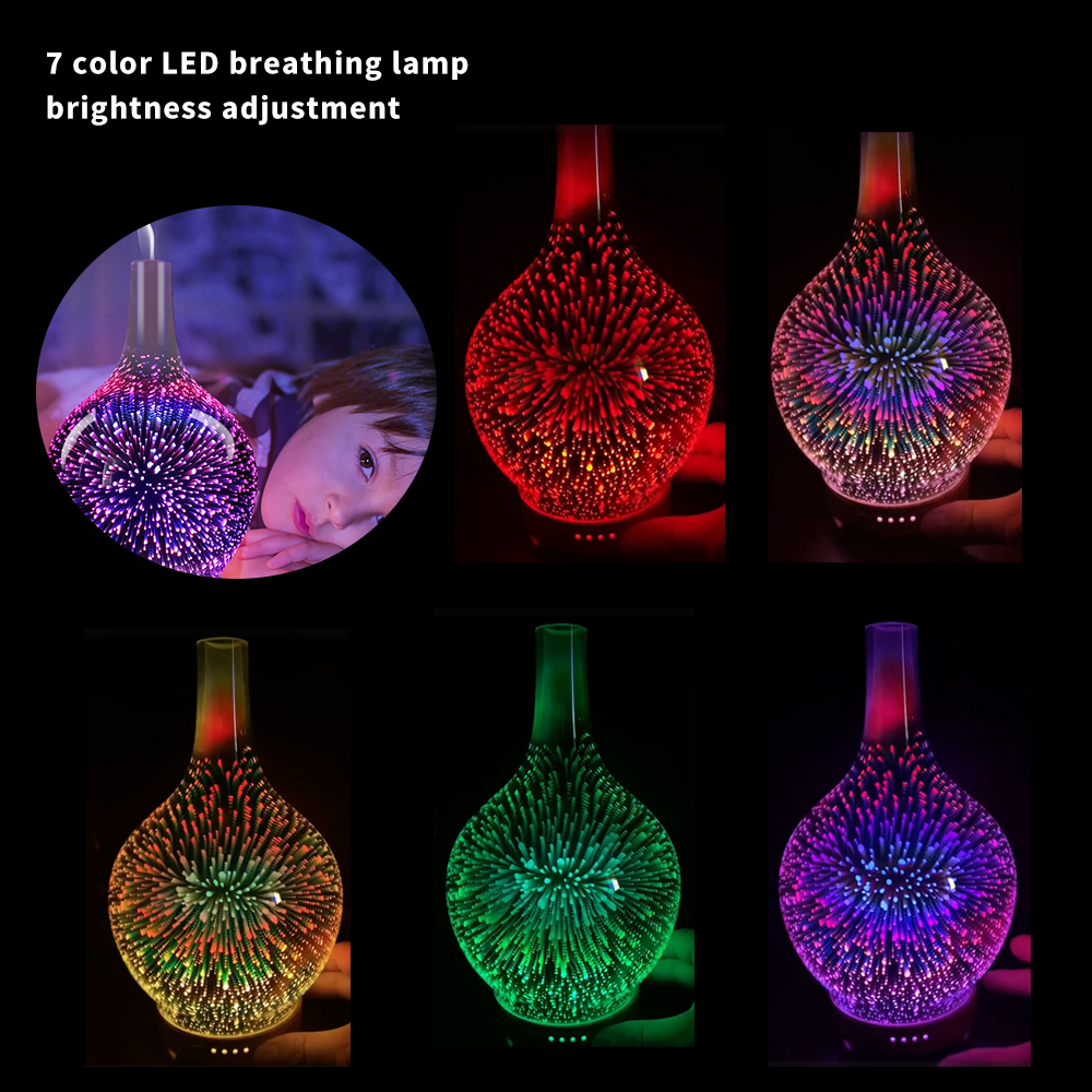 3d fyrværkeri glas vase form luftfugter farverig ført natlys aroma æterisk olie diffusor tåge maker luftfugter