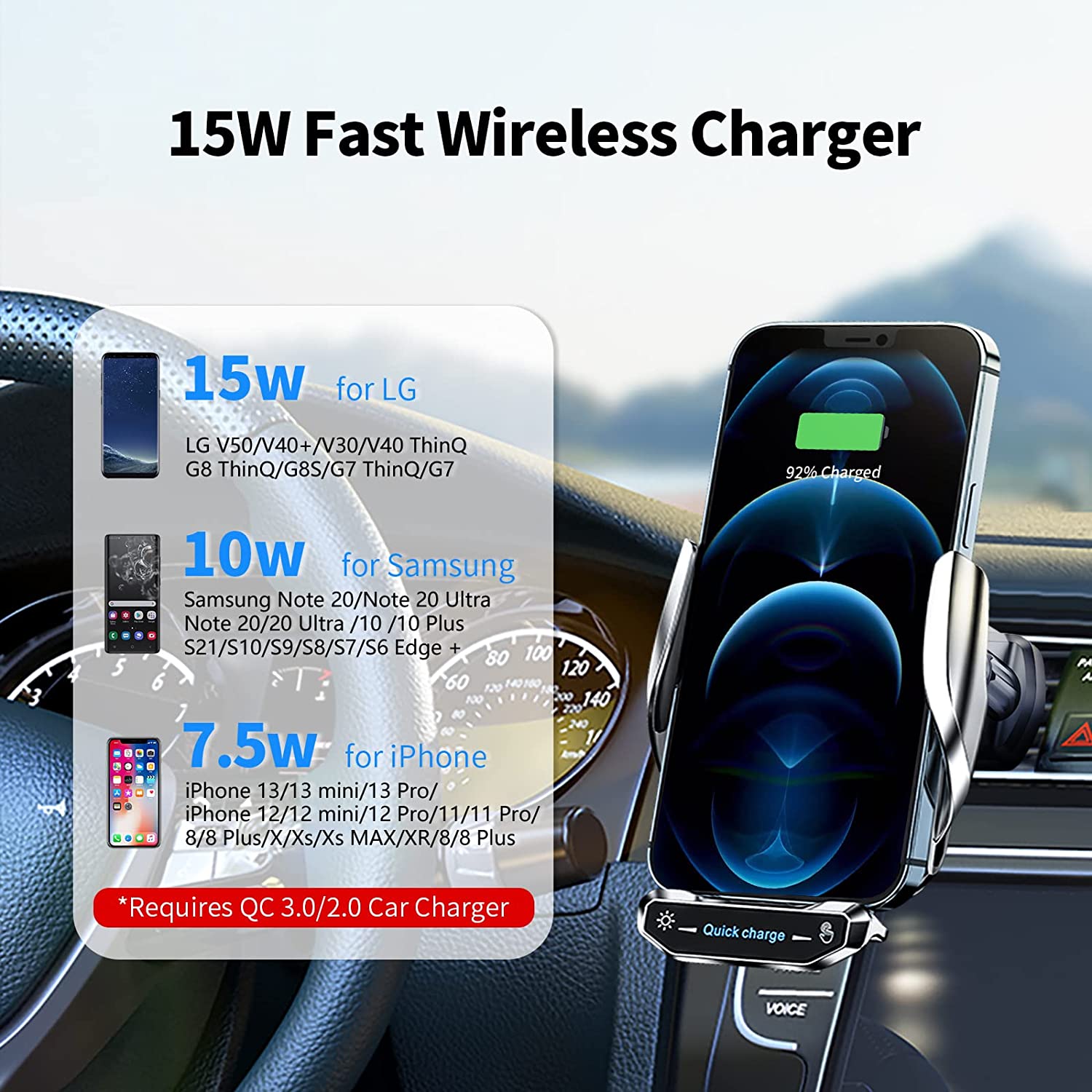 Wireless Car Charger Mount 15W Qi Snelle Opladen Auto Vastklemmen Voorruit Air Vent Mobiele Telefoon Houder Beugel Voor Smartphone