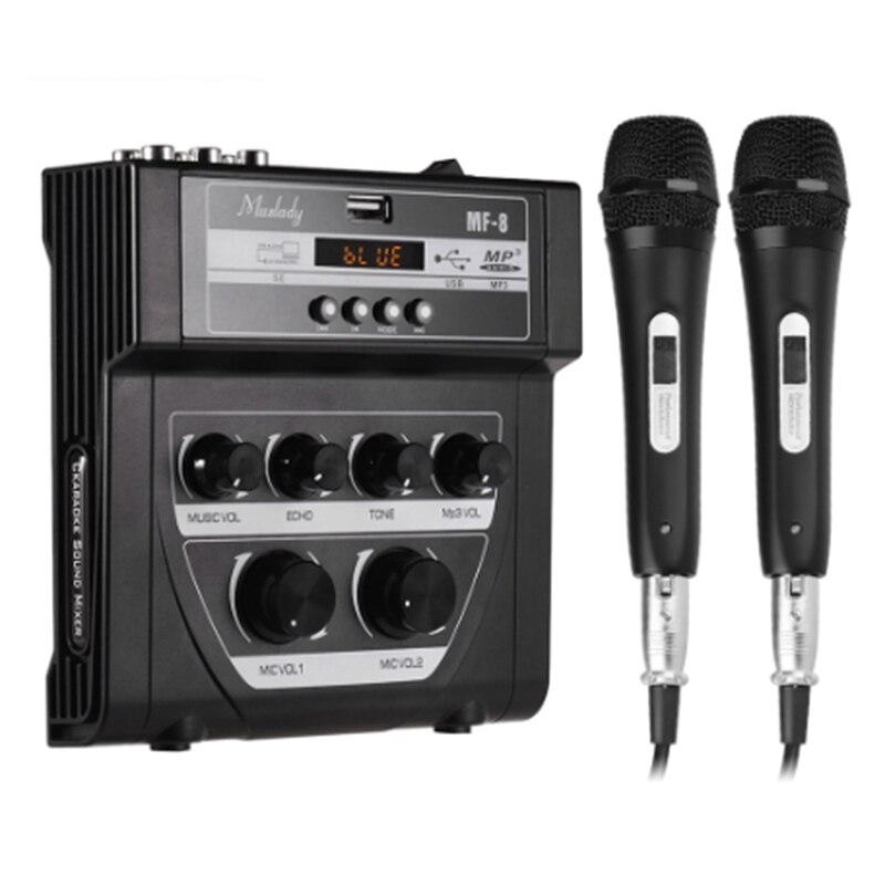 Bluetooth o dj mixer hjemmeblander udendørs mikrofonforstærker lille mixer med 2 mikrofon: Os