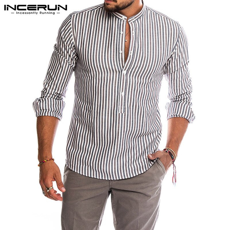 Mænds stribet skjorte åndbar langærmet stativ krave streetwear toppe chic efterår afslappet business camisas incerun