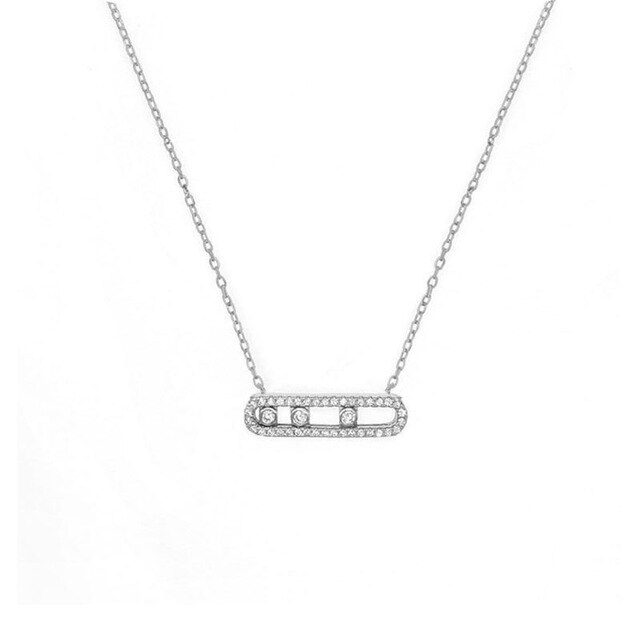 Plata de Ley 925 auténtica de francesa para mujer, pulsera con tres piedras movidas, CZ transparente, collar de joyería de mujer: Silver Necklace