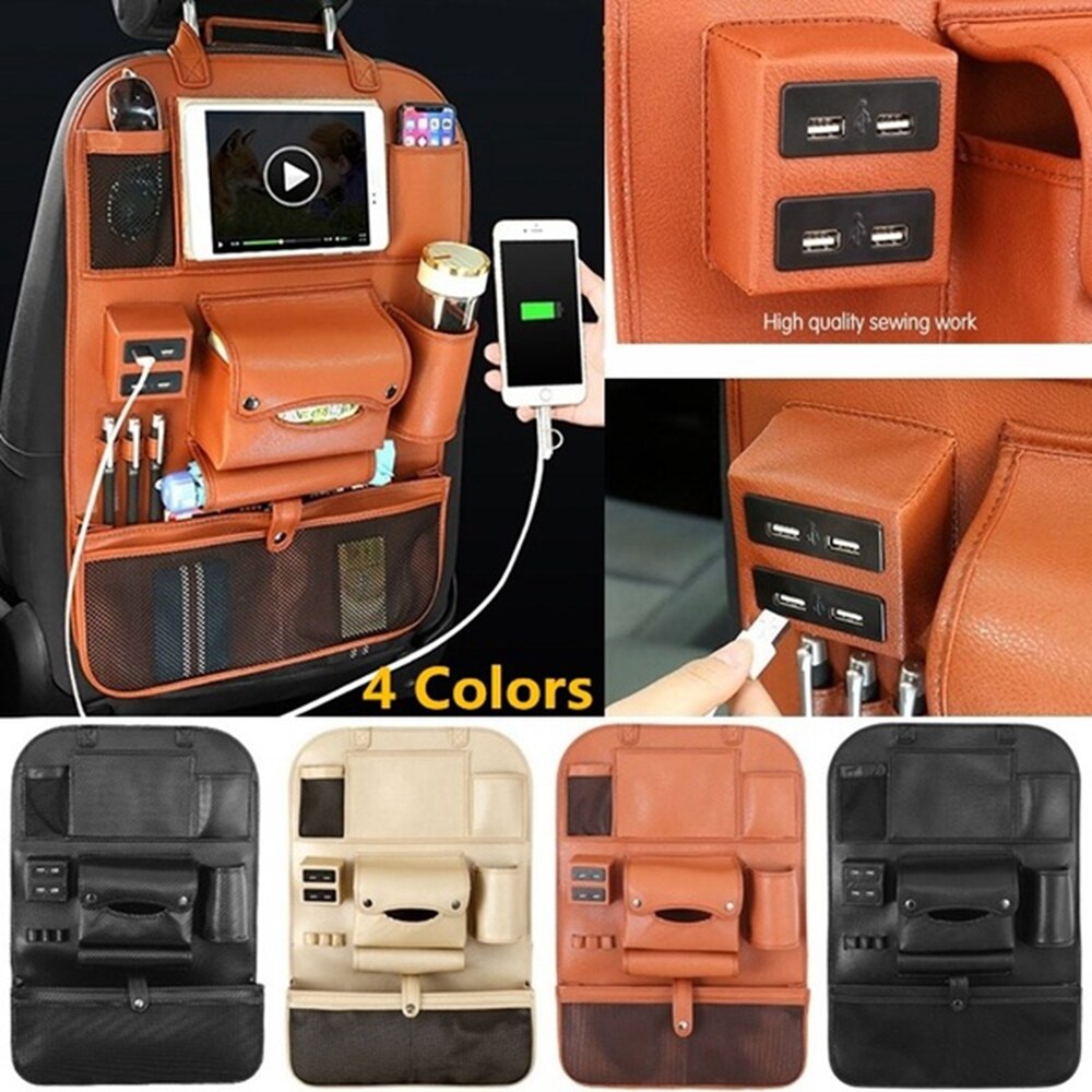 Car Storage Bag 4 USB Charger Pu Leather Travel Multifunction Pocket Stowing Tidying Car Seat Back Bag Car Organizer