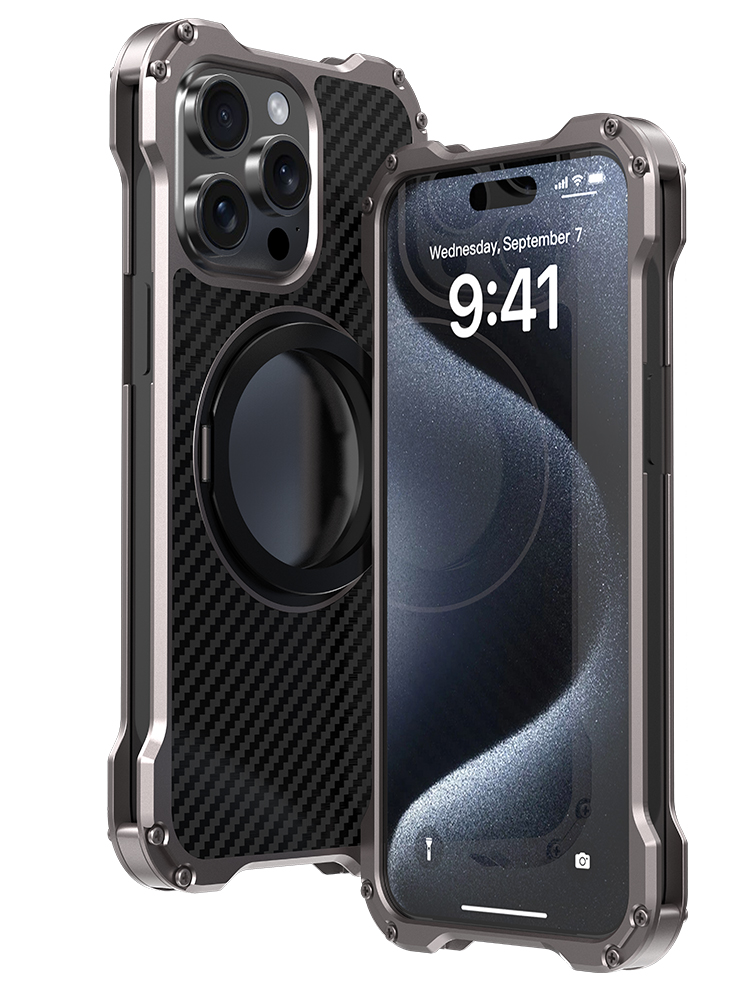 R-just Metal Carbon Fiber Case For Iphone 15 16 14 13 Pro Max Cover Lightweight Aluminum Alloy Funda Coque Built-in Holder Ring