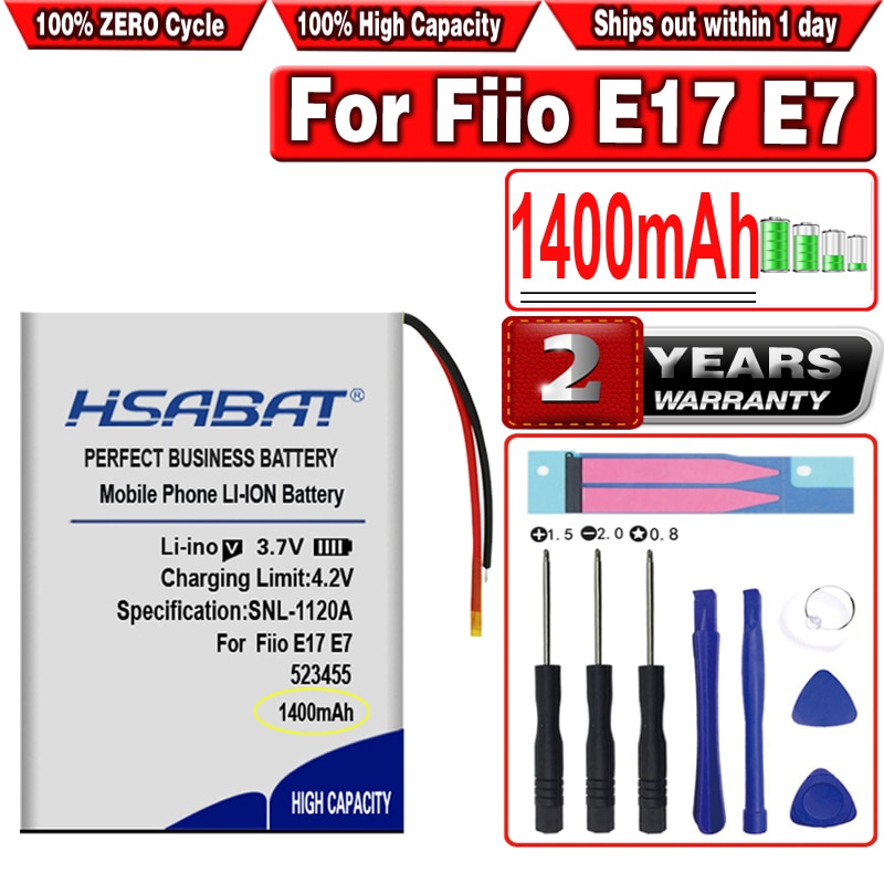 HSABAT 1400mAh 523455 Battery for FIIO E17 E7 Headphone Amplifier Li-po Polymer Rechargeable Accumulator Pack Replacement