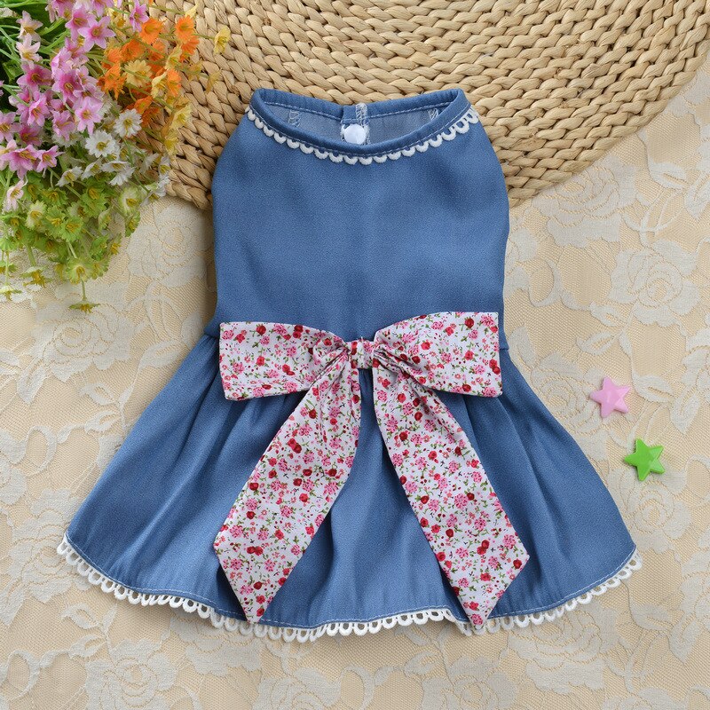 Dog Skirt Dog Clothes Princess Dress Wedding Dress Denim Skirt Floral Bow Lace Soft and Comfortable Spring Summer Section Cute: Blue / S