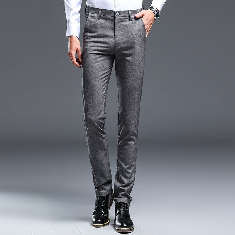 Pantalones de cuadros grises para hombre, pantalón ajustado, fuerza elástica, Formal, de negocios: 28