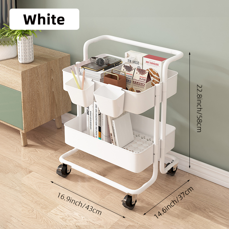 Shelves,Rolling Cart,2-Tier Storage Cart,Dish storage with Handle 2 Organizers,Plastic Baskets,Utility Cart,bathroom accessories: WHITE