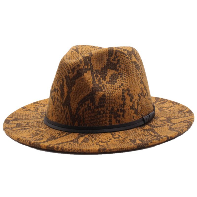 Seioum Autumn Winter Snake Pattern Jazz Fedora Hats Wool Felt Cap Wide Brim Chapeu Panama Party Formal Hat for Men Women: Dark orange