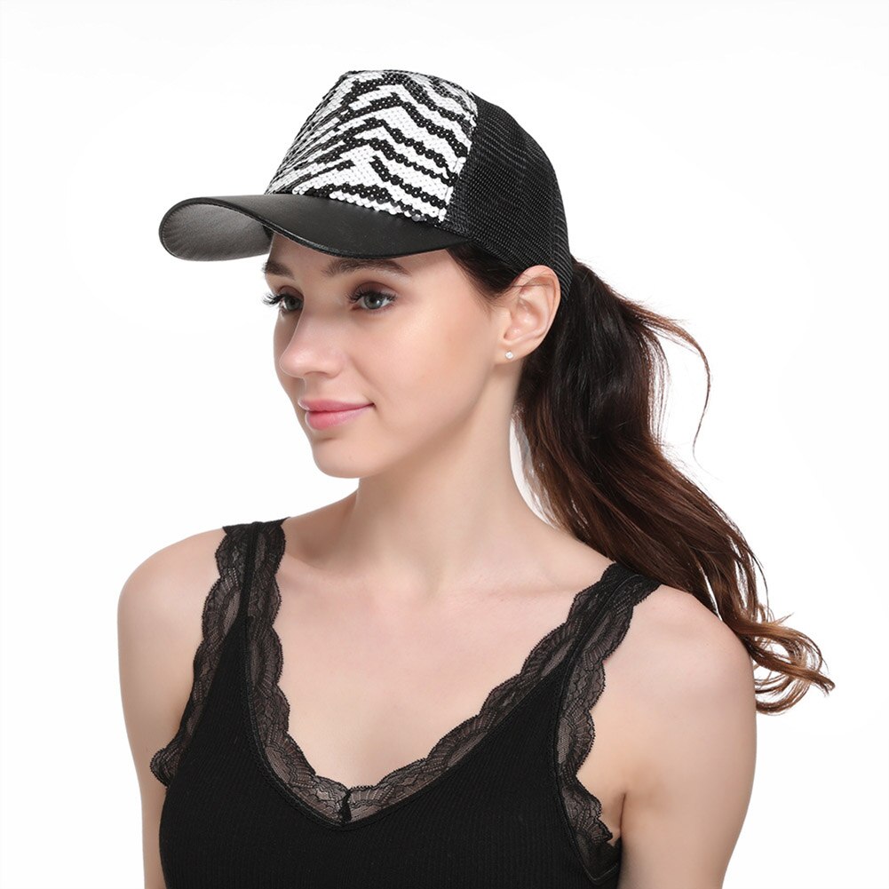 Mannen Vrouwen Baseball Hoed Dubbele Kleur Zebra-Streep Mermaid Pailletten Mesh Casual Cap Beste -Wt