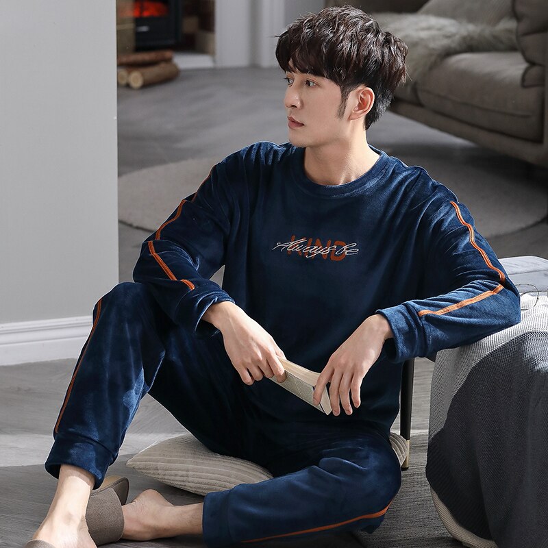 Pyjama en molleton pour homme, ensemble de nuit, col rond, lettre de couverture, épais, garde au , flanelle, vêtements de maison, automne et hiver: LX-71756 Royal Blue / XL