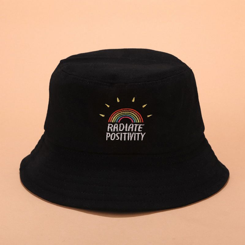 Women Girl Preppy Style Flat Top Bucket Hat Rainbow Letters Embroidery Candy Color Harajuku Hip Hop Student Summer Fisherman Cap