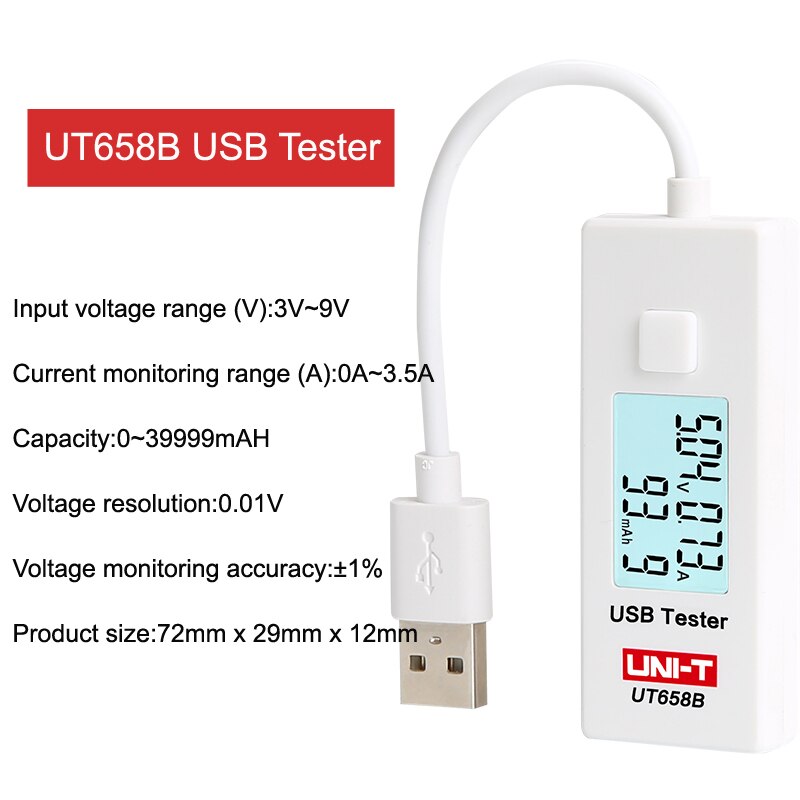 Usb Tester UNI-T UT658 UT658B Mobiele Telefoon Notebook Mobiele Power Veiligheid Monitor 3.0V-9.0V/0.0A-3.0A Lage Waarschuwing Lcd Display: UT658B