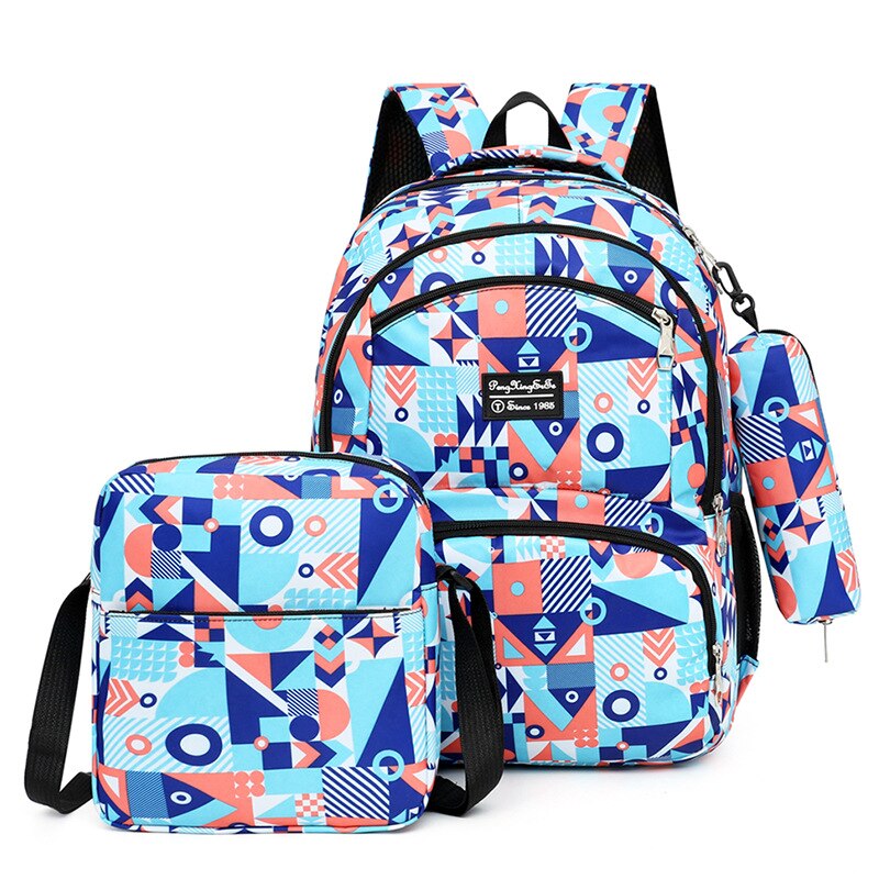 School Bags for Teenagers Girls Schoolbag Large Capacity Boys Geometry Printing School Backpack Set Rucksack Kids Cute Book Bags: BLUE
