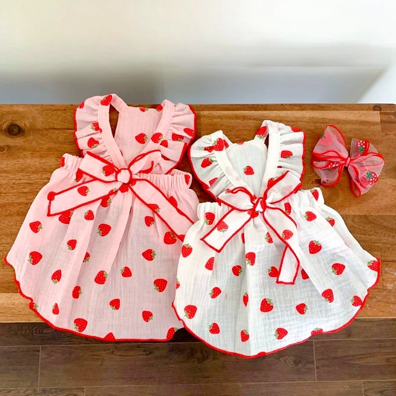 Vestido de verão para cachorro, saia fofa com estampa de morango e laço, vestido de princesa para gato, chihuahua yorkie, saias doces, fantasia de cachorro, roupas para animais de estimação