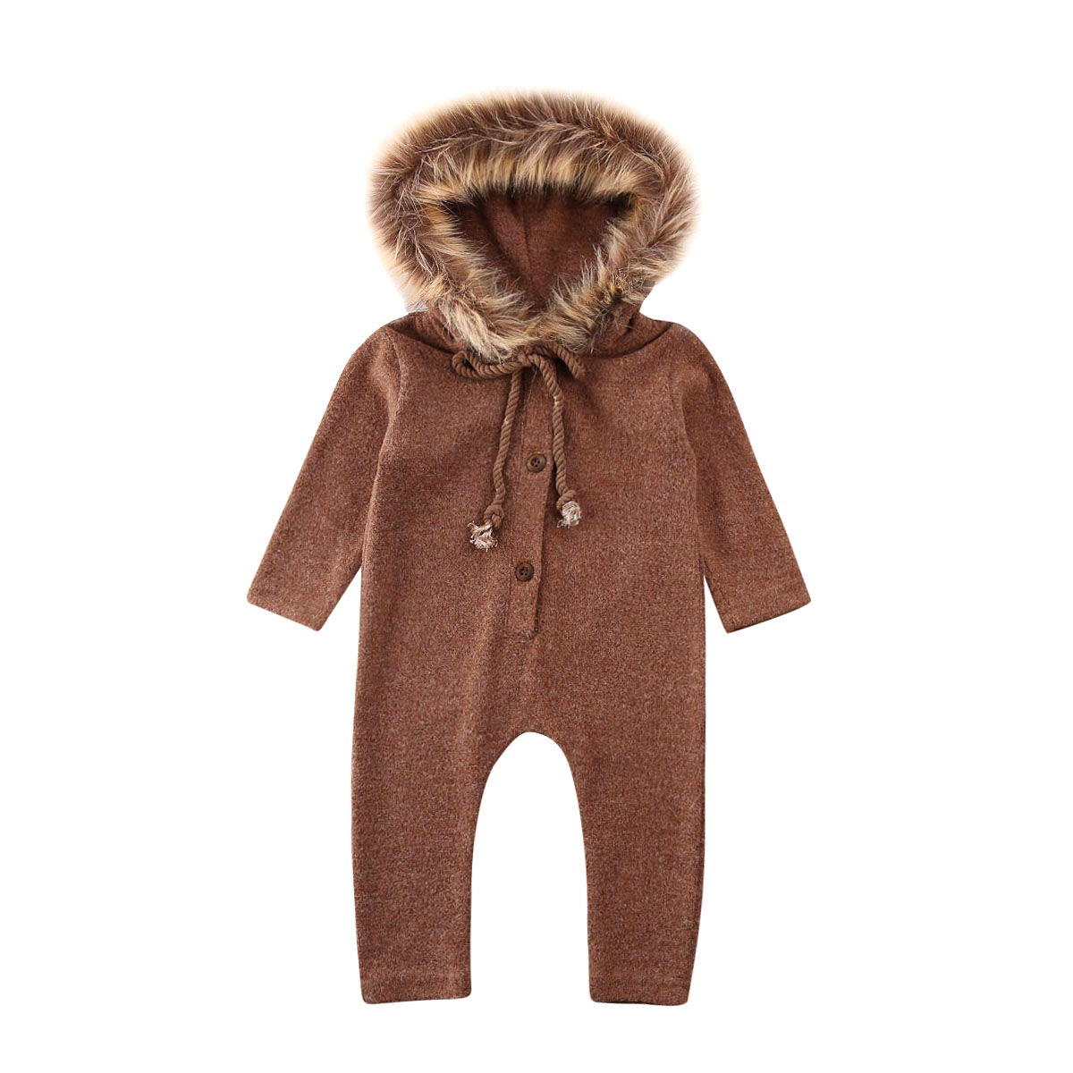 Brand Winter Newborn Baby Boy Girl Long Sleeve Fur Hooded Romper Jumpsuit Playsuit Outfits Warm Clothes 0-24M: Khaki / 18M
