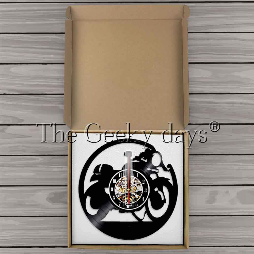 Reloj de pared Cafe Racer clásico de motocicleta Vintage Reloj de pared de vinilo de registro reloj de moto Arte de la pared Decoración motociclista corredor de