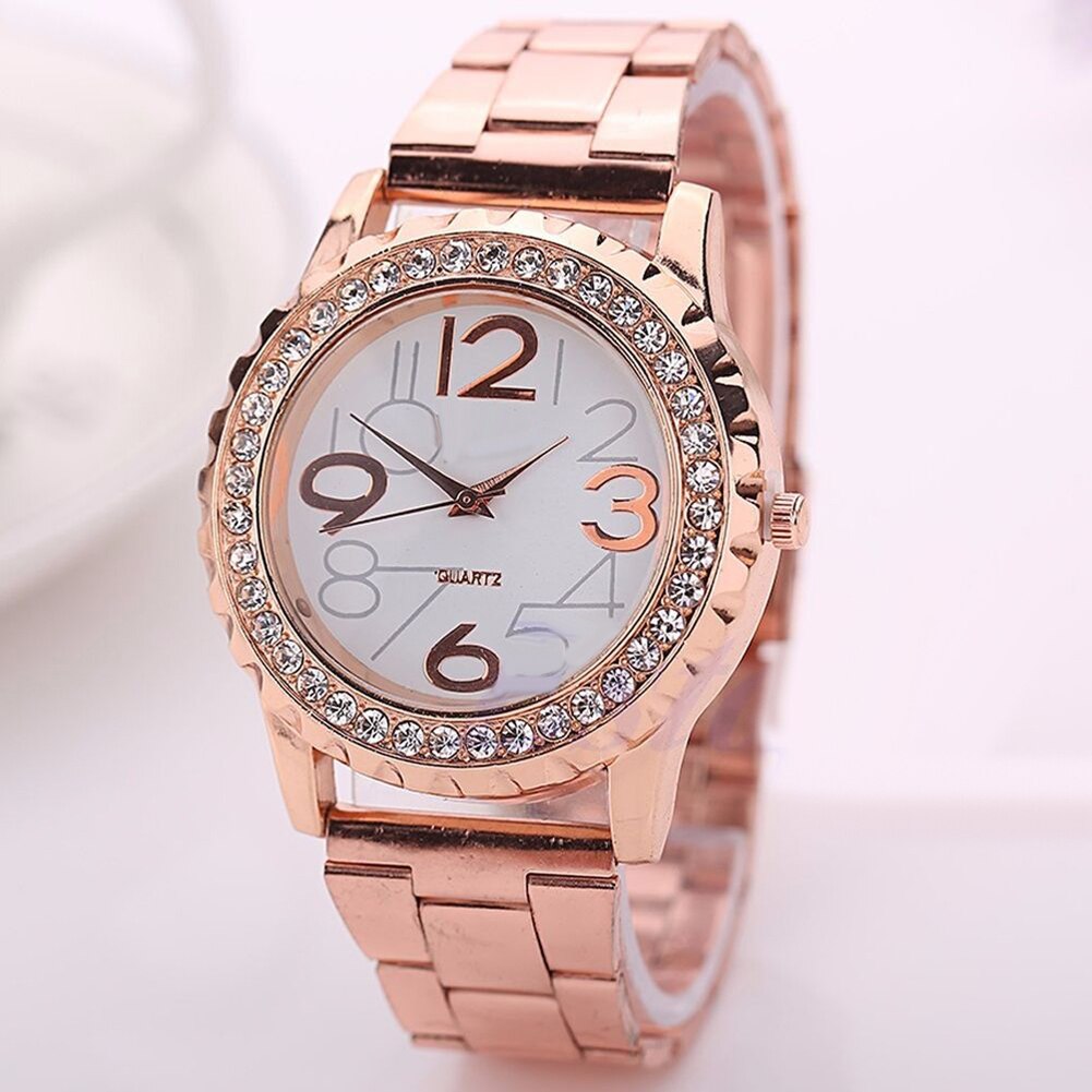 Unisex Rhinestone Rvs Band Analoge Quartz Paar Horloge Dames Jurk Horloges Luxe