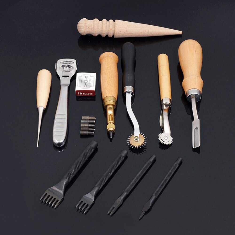 Kit d'outils professionnels d'artisanat du cuir, couture à la main, poinçon de sculpture, selle de travail, accessoires de bricolage, 18 pièces