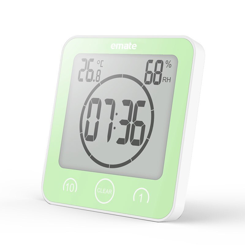 LCD Screen Waterproof Digital Bathroom Wall Clock Temperature Humidity Countdown Time Function Wash Shower Hanging Clocks Timer: Green