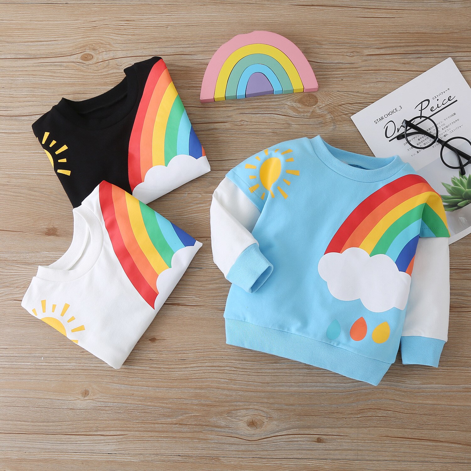 Katoen Baby Meisje Kleding Regenboog Wolken Zon Print Patchwork Lange Mouw Trui Tops Fall Winter Kids Baby Boy Kleding 1-6Y