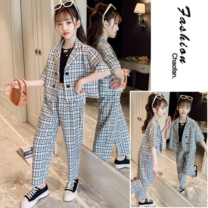 Summer Girls Suit 2022 Plaid Short Sleeve Blazer Vest Pants 3pcs Children's Clothing Set Casual School Teenage Kids Outfits