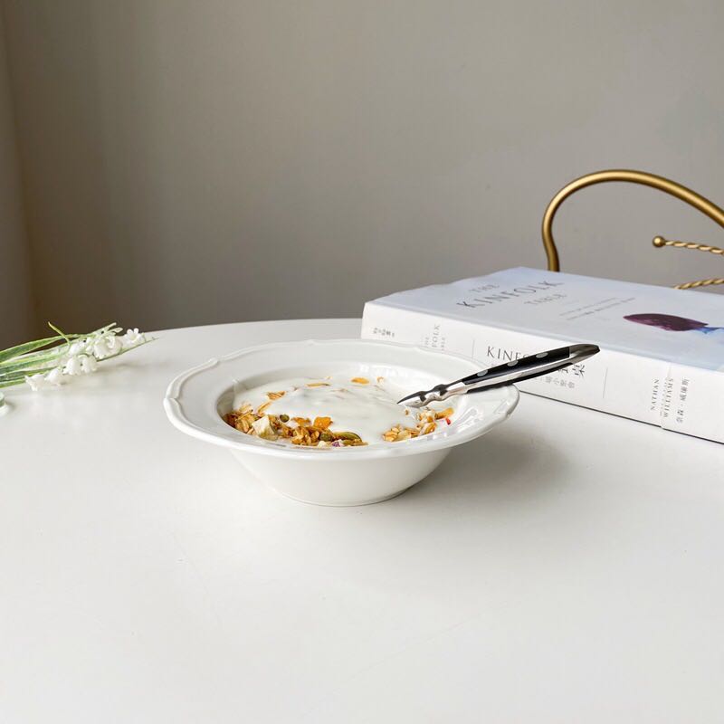 Pure White French Retro Lace Embossed Dinner Plate Simple Ceramic Disc Salad Cereal Breakfast Soup Bowl Kitchen Cheese