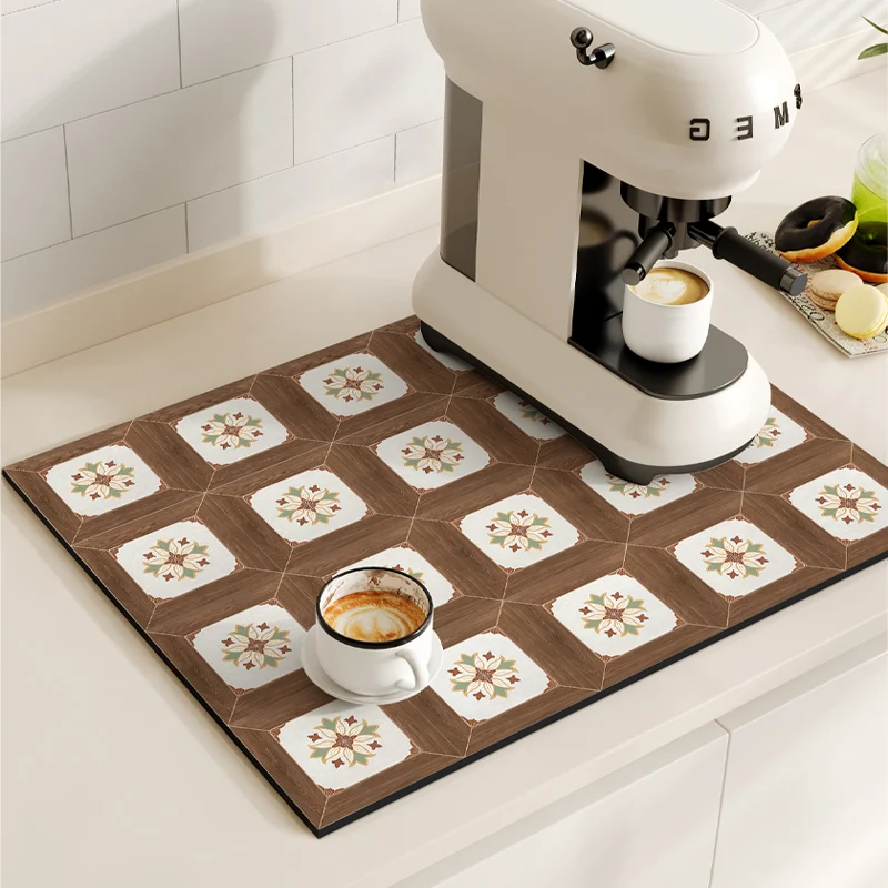 VIKAMA Kitchen Diatom Mud Mat Retro Coffee Machine Mat Waterproof Dish Drying Mats Quick Dry Drain Pad Draining Placemat: L / MULTI