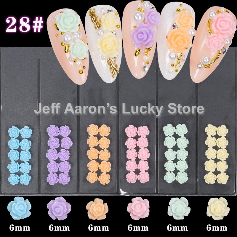 Blandet stil negler harpiks rose blomster cabochons cameo baseinnstilling 6mm 3d turkise rose blomster neglekunst dekorasjon tilbehør: Gzh 28