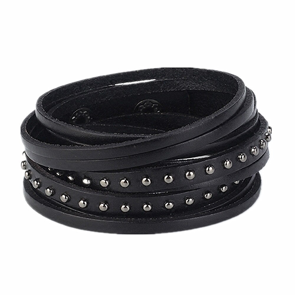 Pulseira de couro punk, bracelete vintage com rebite preto rock para mulheres e homens, pulseira com botão de pressão e 2 rodas: Black