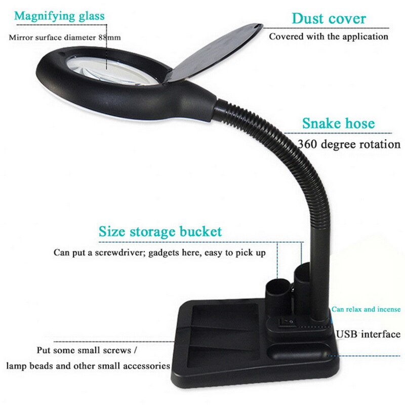 6W 40LED 5X/10X Magnifier Glass with Gadget Storage Desk Lamp Beside Light Magnifying Lens Printing LED desk lamp