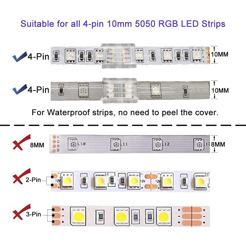 10Packs 4-Pin RGB LED Light Strip Connectors 10mm Unwired Gapless Solderless Adapter Terminal for SMD 5050 LED Strip