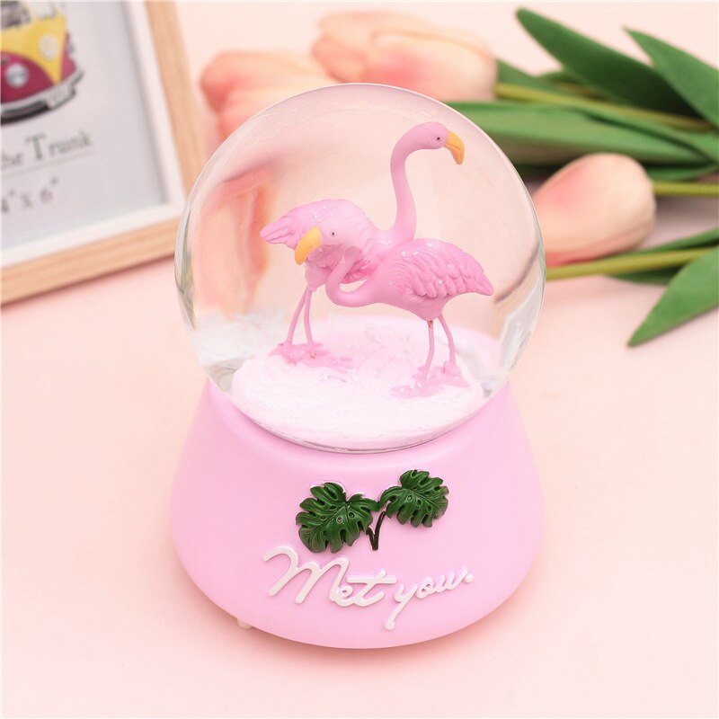 Kristallen bol muziekdoos flamingo meisje ster maan regenboog gloeiende sneeuwvlokken muziekdoos huisdecoratie bureaublad ornament: Paars