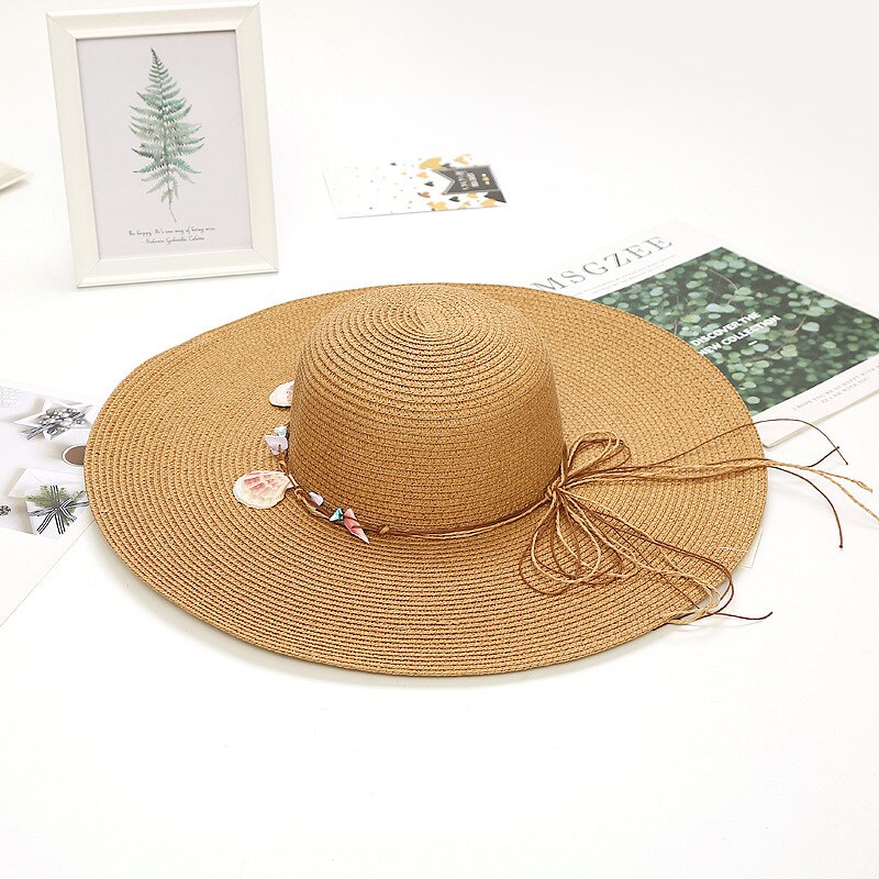 Sombrero de Paja de verano con lazo de concha marina, sombreros de boda Bohemia para mujer, accesorios de , sombreros ZH082: B